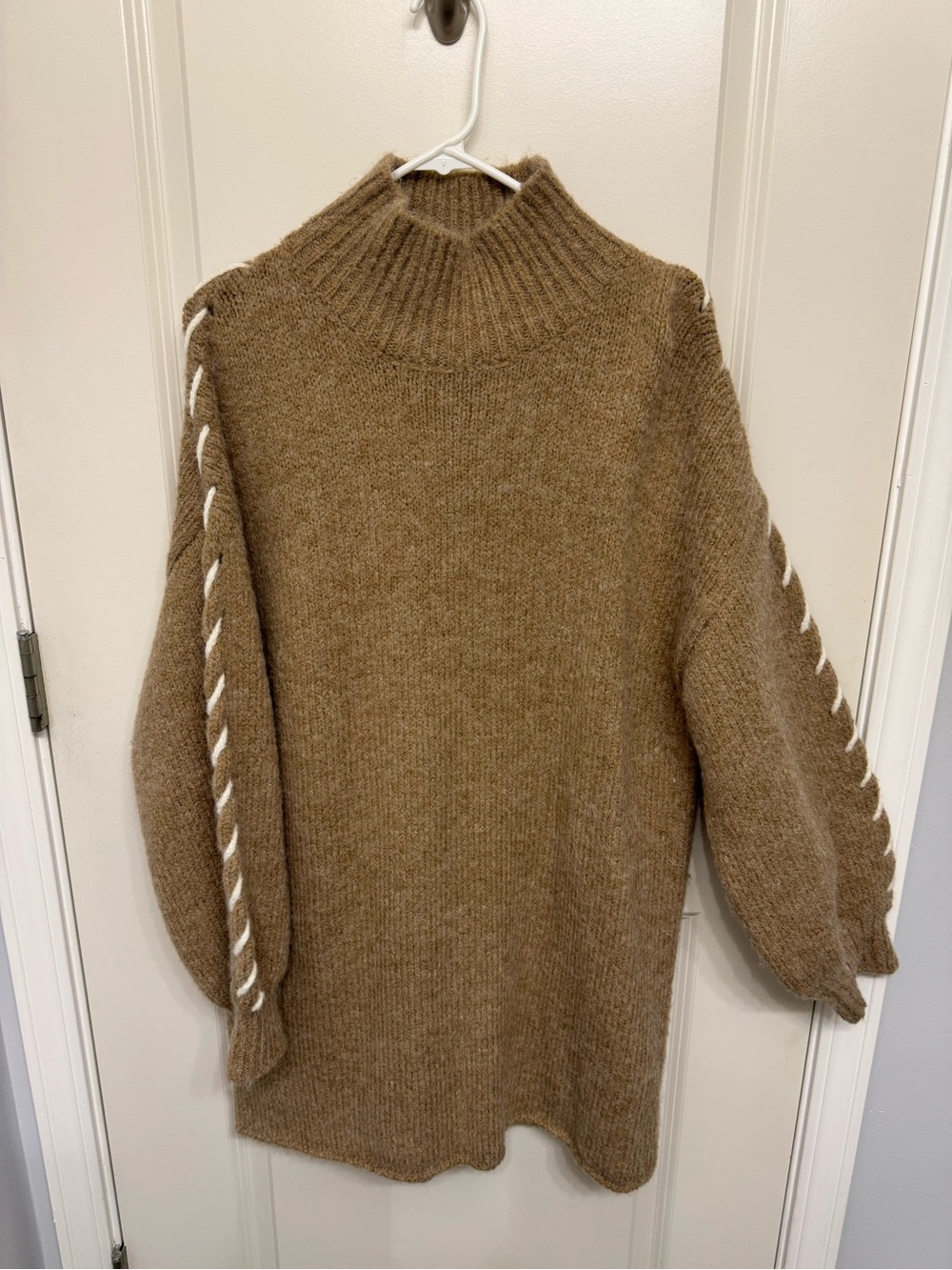 Le Lis Brown Turtleneck Sweater Dress with White Contrast Stitch Sleeve Detail